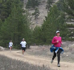 Erin Crisson leads Dwayne Windisch and Elizabeth West down a trail in Rocky Mountain National Park