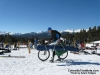 A competitor carries his ski gear and snowshoes while wheeling his bike