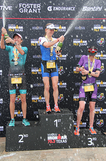 Jeannie Seymour celebrates her win at IRONMAN 70.3 Texas