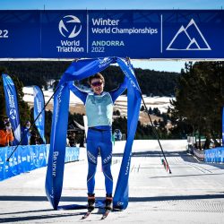 Italy's Franco Pesavento crosses the finish line to win the 2022 World Winter Duathlon Championship