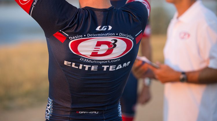 D3 Multisport logo on back of a triathlete's jersey