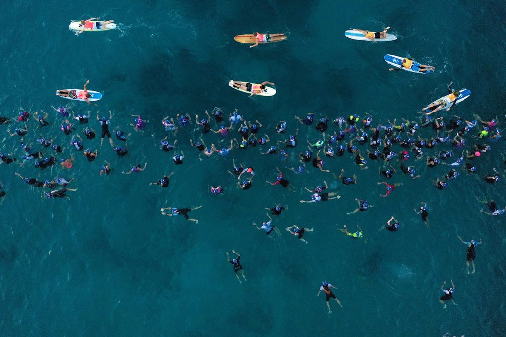 Aerial view of swimmers waiting to start